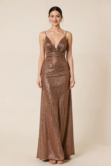 Glitter Coffee Sheath Spaghetti Straps Long Evening Dress